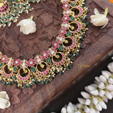 Vriksham Elegant 17 Half Moon With Floral Style Neckpiece-Green Bead-J3342